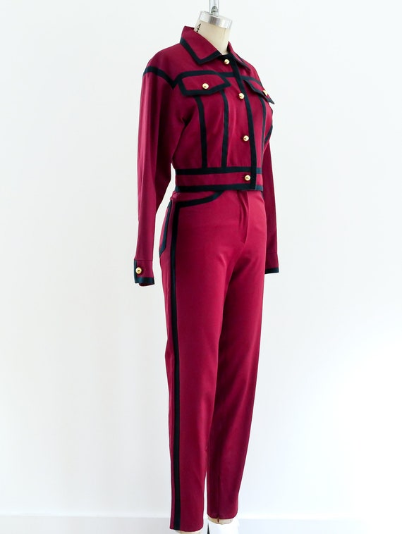 1990s Complice Wine Suit with Navy Trim