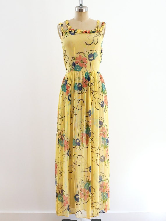 1930s Floral Yellow Net Dress
