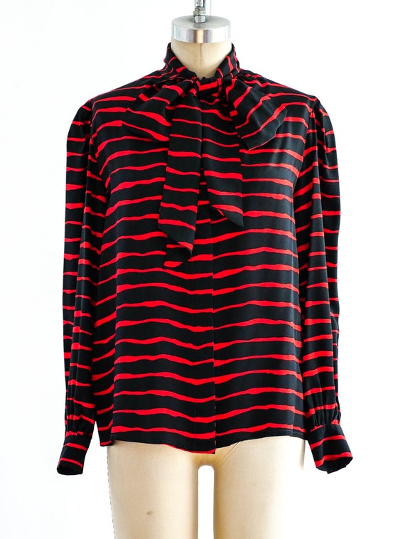 1970s Vintage Striped Silk Tie Neck Top