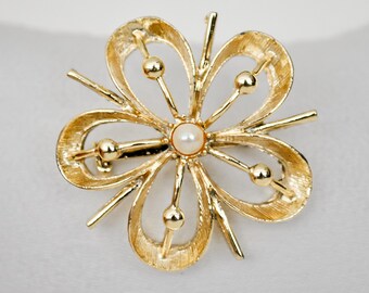 Mid-Century Style Golden Flower with Pearl Brooch