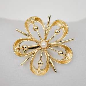Mid-Century Style Golden Flower with Pearl Brooch