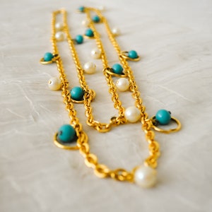 Vintage Ladies Long Golden Necklace - Faux Turquoise and Pearls