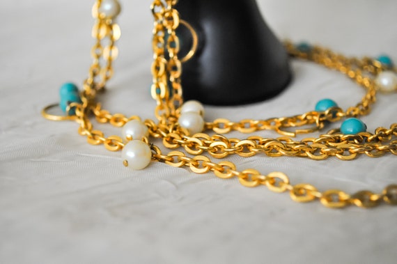 Vintage Ladies Long Golden Necklace - Faux Turquo… - image 3