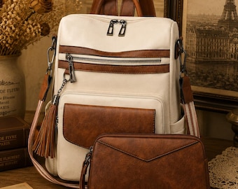 Personalized Vintage PU Leather Backpack Purse Set for Women,Convertible Travel Backpack with Matching Clutch Bag,Gift for Her,ChristmasGfit