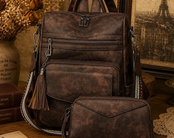 Gift for Her Vintage PU Leather Backpack Purse Set for Women,Convertible Travel Backpack with Matching Clutch Bag,Retro 2 Piece Handbag Set