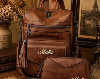 Vintage PU Leather Backpack Purse Set for Women,Convertible Travel Backpack with Matching Clutch Bag,Retro 2 Piece Handbag Set,Gift for Her