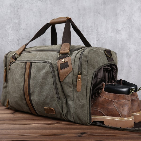 Bolsa de lona de viaje, bolsa de fin de semana de cuero de lona impermeable, bolsa de fin de semana para llevar durante la noche con compartimento para zapatos para hombres y mujeres personalizada