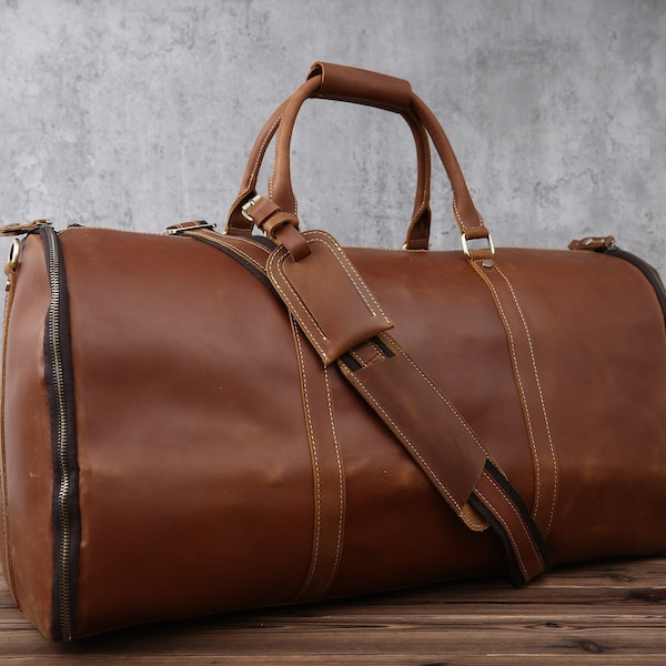 Personalized Leather Garment Bag,Convertible Garment Bag with Shoes Compartmen Waterproof Mens Garment Bag for Travel Leather Duffel Bag
