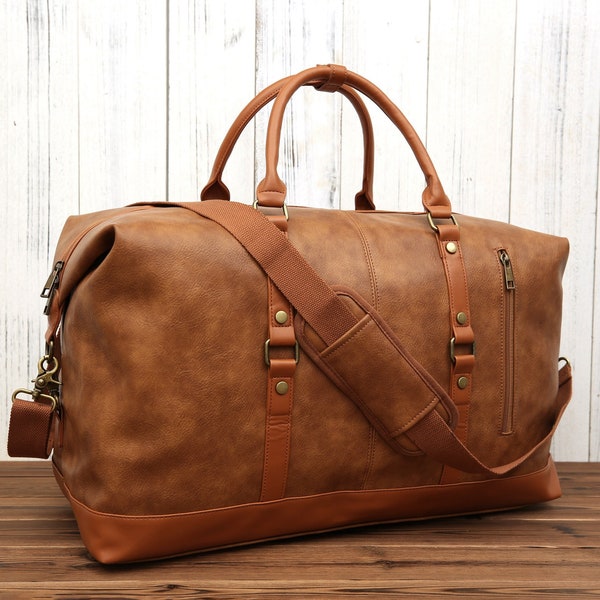Monogram Men’s Vegan Leather Travel Bag- Unisex Weekender Bag- Men’s Carry On Luggage- Leather Duffle With Camera Insert- Groomsman Gift