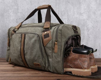 Sac polochon de voyage, sac de week-end en cuir et toile imperméable, sac de voyage de nuit avec compartiment à chaussures pour homme et femme personnalisé