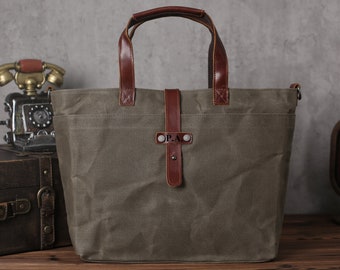 Waxed Canvas Leather Tote Bag: Large Women's Messenger Bag
