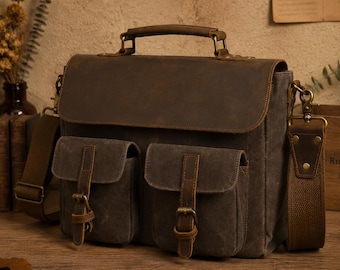 Handmade Leather Satchel for Men, Vintage Canvas Messenger Bag, Waxed Canvas Shoulder Bag, Laptop Briefcase, Rustic Travel Bag, Father Gift