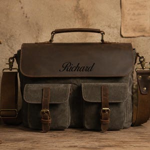 Handmade Leather Satchel for Men, Vintage Canvas Messenger Bag, Waxed Canvas Shoulder Bag, Laptop Briefcase, Rustic Travel Bag, Father Gift