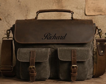 Vintage Canvas Leather Messenger Bag for Men, Personalized Waxed Canvas Leather Briefcase, Rustic Shoulder Bag, Laptop bag, Gift for Him