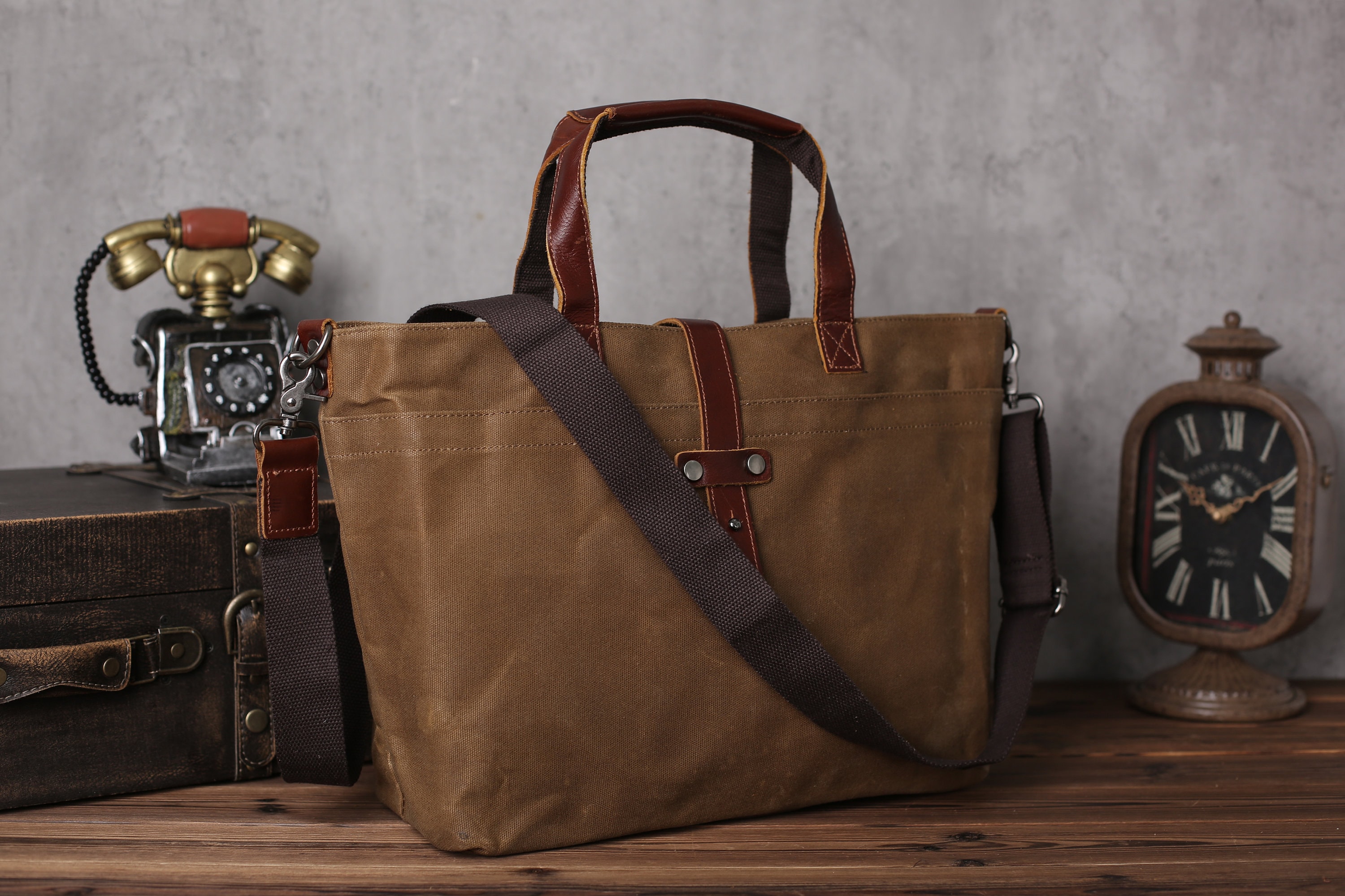 Waxed Canvas Leather Handbags With Zipper Leather Canvas