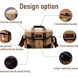 May include: A tan canvas camera bag with brown leather accents. The bag has a side pocket, a comfortable handle, and a large capacity space. The bag also features a personalized label with the text "NIT" and a shock-proof lining.