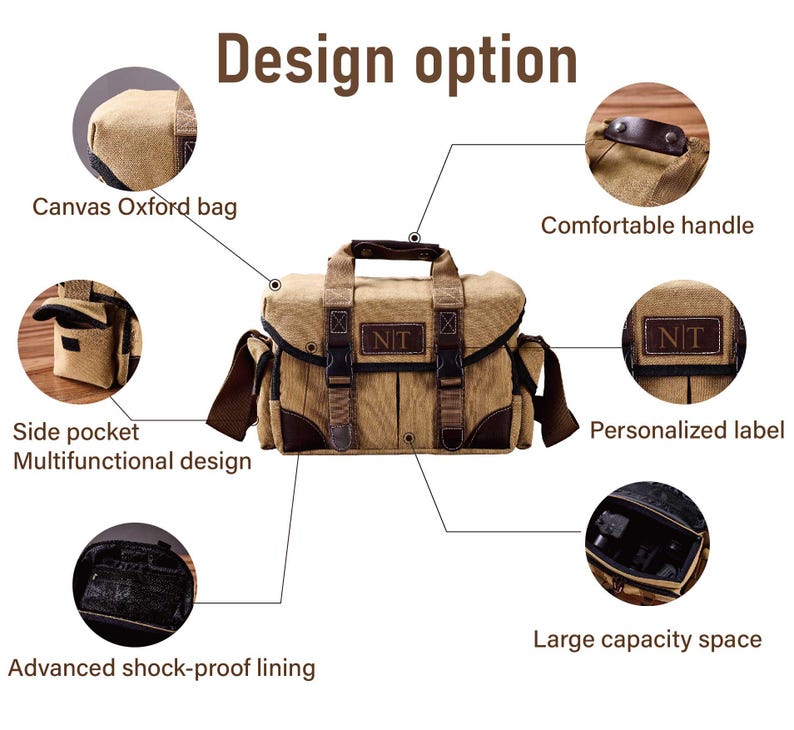 May include: A tan canvas camera bag with brown leather accents. The bag has a side pocket, a comfortable handle, and a large capacity space. The bag also features a personalized label with the text "NIT" and a shock-proof lining.