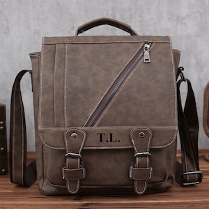 Sac messager personnalisé en cuir végétalien pour homme, sac à bandoulière rétro pour homme, portefeuille à fermeture éclair, sac à main pour homme cartable en cuir, cadeau pour homme
