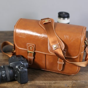 Grande PU Borsa fotocamera in pelle, Borsa DSLR in pelle, Pelle Trim Pouch, Inserto imbottito, Spalla Messenger, GIFT per donne uomini, papà regalo, bf regalo