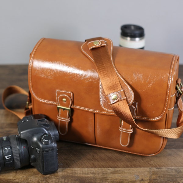 Large PU Leather Camera Bag, Leather DSLR Bag, Leather Trim Pouch, Padded Insert, Shoulder Messenger, GIFT For Women Men, Dad Gift, Bf Gift