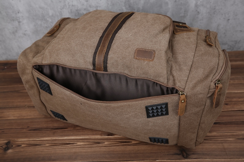 Bolsa de lona de viaje, bolsa de fin de semana de cuero de lona impermeable, bolsa de fin de semana para llevar durante la noche con compartimento para zapatos para hombres y mujeres personalizada imagen 10