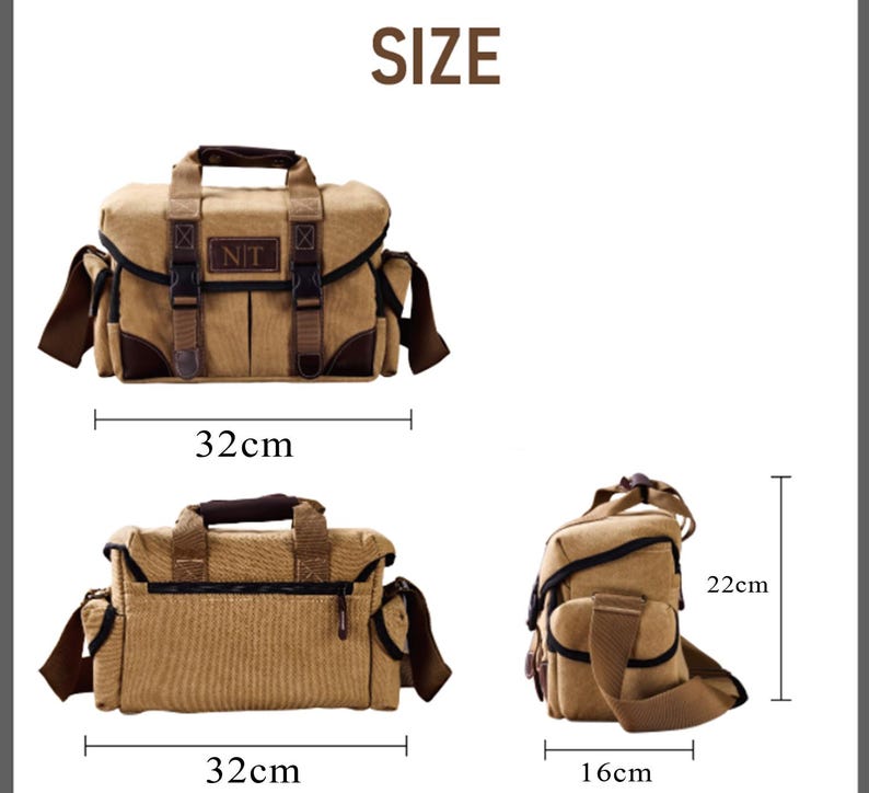 May include: A tan canvas camera bag with brown leather accents and adjustable straps. The bag measures 32 inches wide and 22 inches tall.