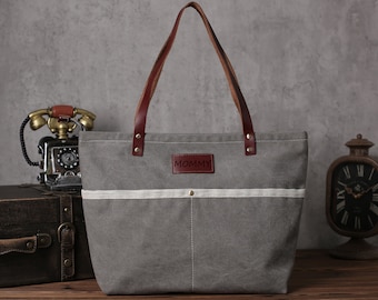 Personalized Canvas Tote Bag: Leather Accents, Zippered Shopping Bag