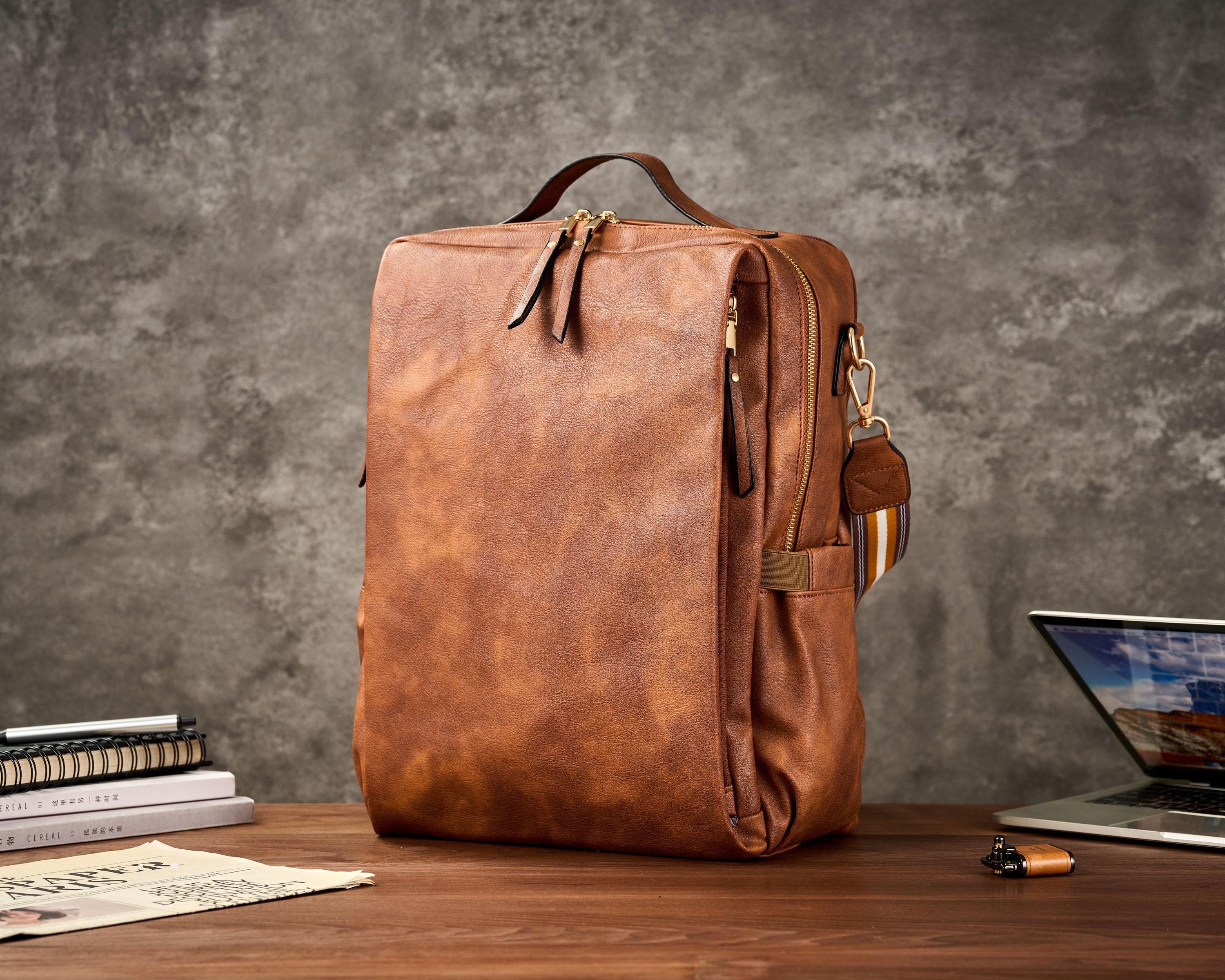 Vintage Brown Faux Leather Backpack Vintage Faux Leather Backpack: Brown Beige Rucksack - Etsy main image 4
