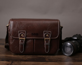 Personalized Large Leather DSLR Camera Bag Fits 2-3 Lens, Messenger Shoulder Bag, Travel Bag, SLR Camera Bag, Camera Prop, Dad Gift, Bf Gift