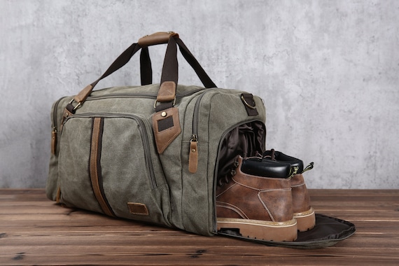 Travel Duffel Bag, Waterproof Canvas Leather Weekend bag, Carry on Weekender Overnight Bag with Shoes Compartment for Men Women Personalized