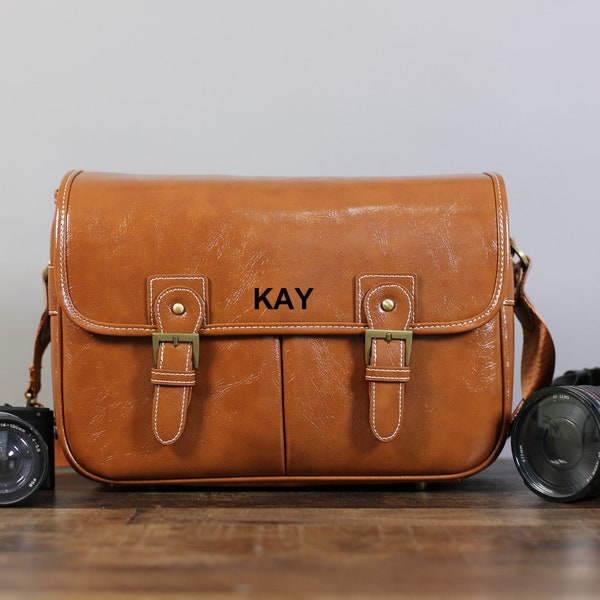 Personalized Medium PU Leather DSLR Camera Bag, Leather Trim Pouch, Padded Insert, Single Shoulder, Travel Bag, Dad Gift, Boyfriend Gift