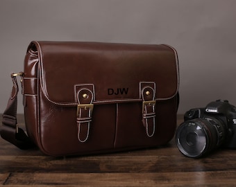 Personalized Leather DSLR Camera Bag: Medium Messenger Bag, Fits 2 Lenses