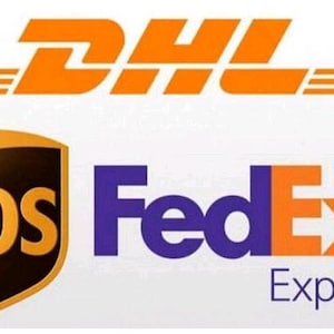 May include: Logos for three popular shipping companies: DHL, UPS, and FedEx Express. The DHL logo is orange and white, the UPS logo is brown and gold, and the FedEx Express logo is purple and orange.