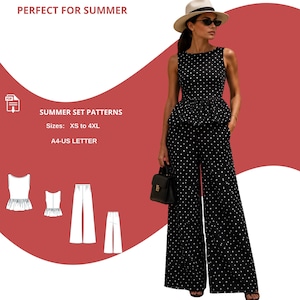 May include: A black and white polka dot jumpsuit with a peplum top and wide legs. The model is wearing a hat and sunglasses, carrying a black handbag. The text reads "PERFECT FOR SUMMER" and "SUMMER SET PATTERNS". Sizes XS to 4XL.