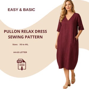Peut inclure: Un patron de couture numérique pour une robe décontractée bordeaux à enfiler, avec un col en V, des manches mi-longues et des poches latérales. Le texte indique EASY & BASIC, PULLON RELAX DRESS SEWING PATTERN, Sizes: XS to 4XL, A4-US LETTER et une icône PDF.