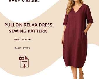 Pull on Relax fit Dress Sewing Pattern PDF  Loose Linen Midi Dress Pattern  Oversized Barrel Dress  Minimalist V Neck Dress  US 2-30
