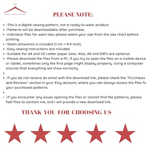 Pode incluir: Um fundo branco com texto vermelho que diz "PLEASE NOTE;" seguido de uma lista de instru&ccedil;&otilde;es para padr&otilde;es de costura digitais. O texto inclui informa&ccedil;&otilde;es sobre o download dos padr&otilde;es, a margem de costura, os tamanhos de papel e dicas para solucionar problemas. O texto termina com "THANK YOU FOR CHOOSING US" e cinco estrelas vermelhas.