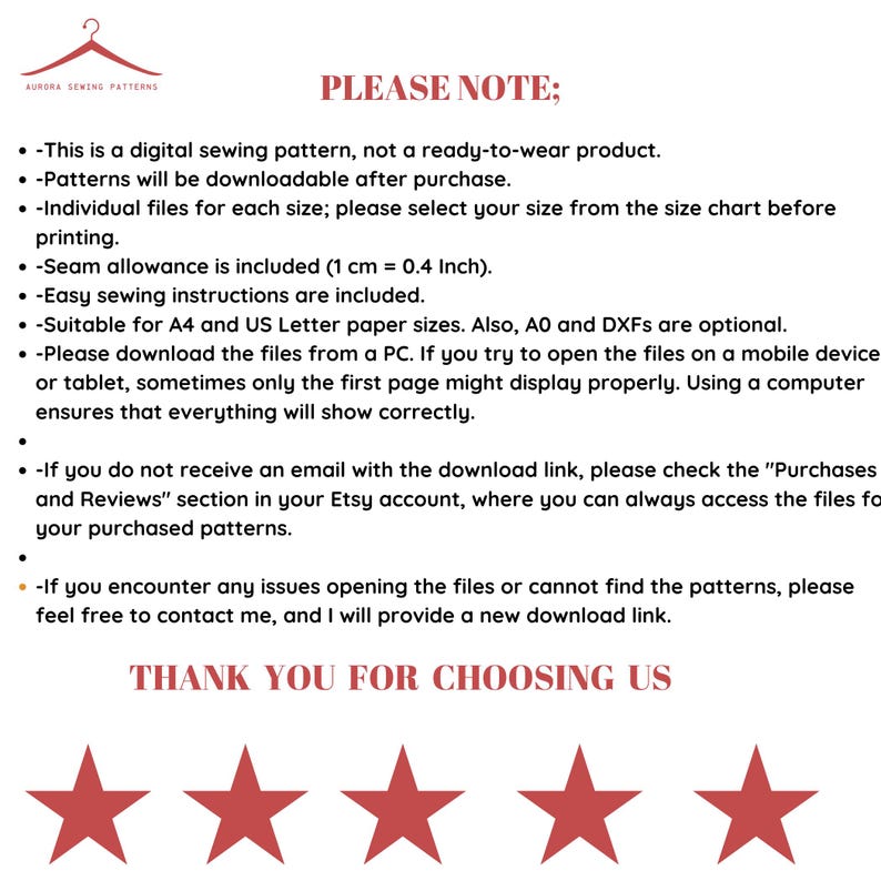 Pode incluir: Um fundo branco com texto vermelho que diz "PLEASE NOTE;" seguido de uma lista de instru&ccedil;&otilde;es para padr&otilde;es de costura digitais. O texto inclui informa&ccedil;&otilde;es sobre o download dos padr&otilde;es, a margem de costura, os tamanhos de papel e dicas para solucionar problemas. O texto termina com "THANK YOU FOR CHOOSING US" e cinco estrelas vermelhas.