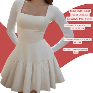 Mini Ruffled Hem Dress Sewing Pattern | Long Sleeve Fit and Flare Dress | Square Neck Short Dress | Skater Dress Pattern |Elegant DIY Sewing