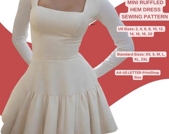 Mini Ruffled Hem Dress Sewing Pattern | Long Sleeve Fit and Flare Dress | Square Neck Short Dress | Skater Dress Pattern |Elegant DIY Sewing