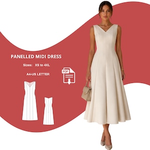 May include: A cream-coloured midi dress with a V-neck and pleated skirt. The dress is sleeveless and worn by a person holding a small purse. The image also includes a diagram of the dress and the text "PANELLED MIDI DRESS" and "Sizes: XS to 4XL".