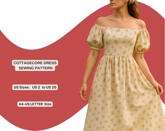 Molde de costura para vestido Cottagecore | Vestido midi com mangas bufantes | Vestido de verão com ombros à mostra | Vestido romântico estilo pradaria | Molde de costura em PDF