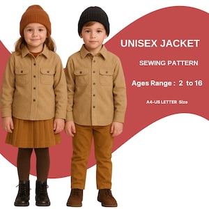 Może przedstawiać: Dwoje dzieci w pasujących beżowych kurtkach, brązowych spodniach i czapkach. Obraz zawiera tekst "UNISEX JACKET, SEWING PATTERN, Ages Range: 2 to 16, A4-US LETTER Size."