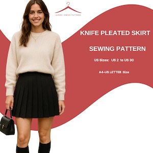 Peut inclure: Une femme porte un pull crème et une jupe plissée noire. L'image contient le texte "KNIFE PLEATED SKIRT SEWING PATTERN" et "US Sizes: US 2 to US 30". Elle tient un sac à main noir. Le patron de couture est pour les tailles US 2 à 30.