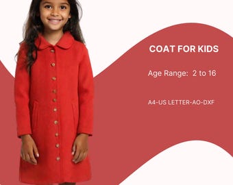 Kids Coat Sewing Pattern | Classic Button Front Coat | Winter Wool Coat for Girls and Boys | Long Sleeve Outerwear | PDF Sewing Pattern