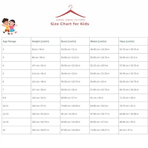 May include: Size chart for kids clothing with measurements in inches and centimeters. The chart shows age ranges, height, bust, waist, and hip measurements.