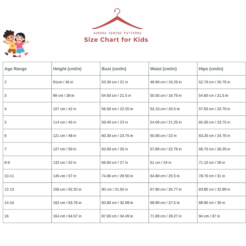 May include: Size chart for kids clothing with measurements in inches and centimeters. The chart shows age ranges, height, bust, waist, and hip measurements.