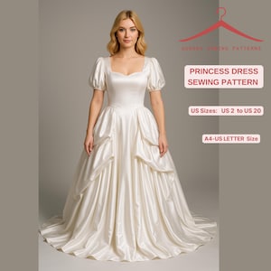 Princess Dress Sewing Pattern, Wedding Dress PDF Sewing Pattern, US Sizes 2-30 Plus Size Pattern, Mid Century Ball Gown Dress Sewing Pattern