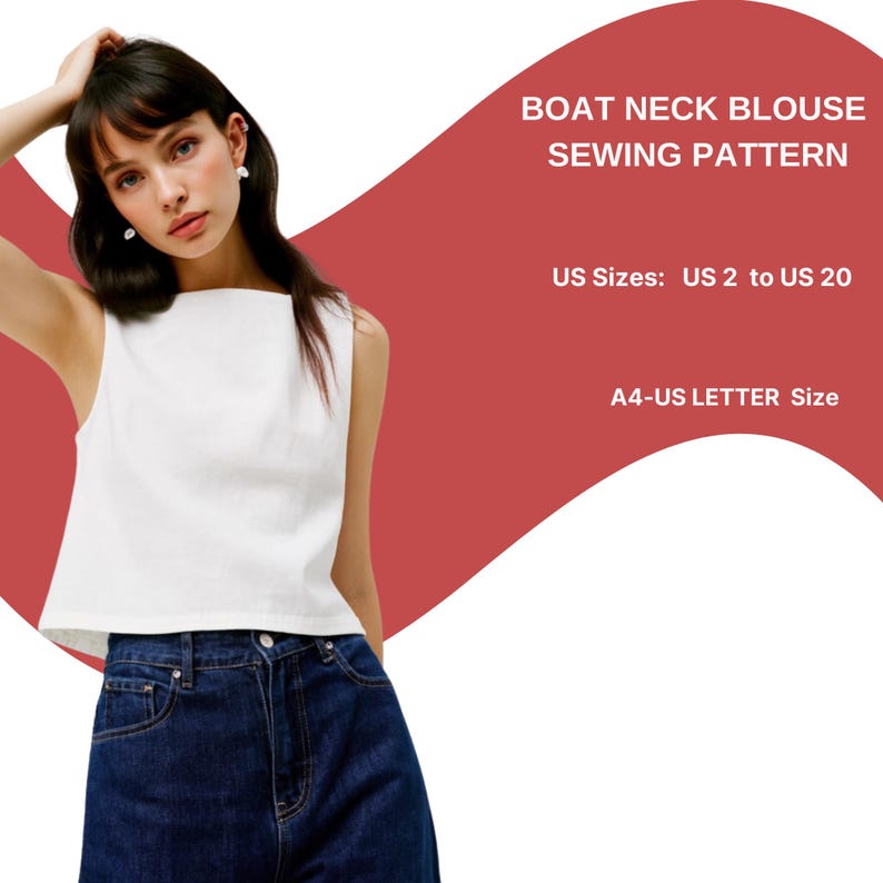 Boat Neck Blouse Sewing Pattern | Sleeveless Linen Top | Minimalist Summer Blouse | Elegant Tank Top Pattern | Easy PDF Sewing Pattern image 1