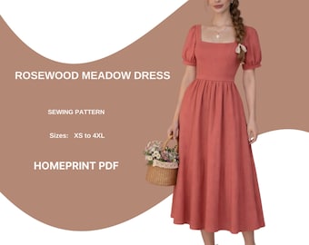 Rosewood Meadow Dress – Cottagecore Square Neck Puff Sleeve Midi Dress Sewing Pattern PDF A4 //US Letter